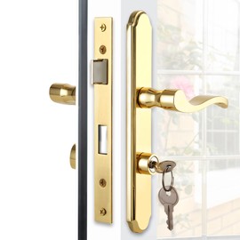 MaxxGeek Flat Slot Storm Door Handle Complete Set, Mortise Keyed Lever Mount Latch with Deadbolt for Screen and Storm Doors (Bright Gold)