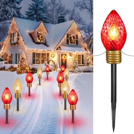 Minetom Jumbo Lights C9 Christmas Pathway Lights Outdoor - 2 Pack 10.5 Feet 5 Lights C9 Walkway Lights, C7 Lights Covered Jumbo Multicolor Light Bulb Decorations for Lawn Outside, Red ＆ Warm White