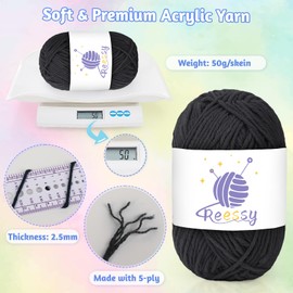 Reessy 10 Pack Knitting Wool Acrylic Yarn Crochet Yarn Set, Super Soft 5 Ply Black Wool for Crochet Knitting and Crafts, 10 x 50g Crochet Yarn for Amigurumi Projects Handcrafts