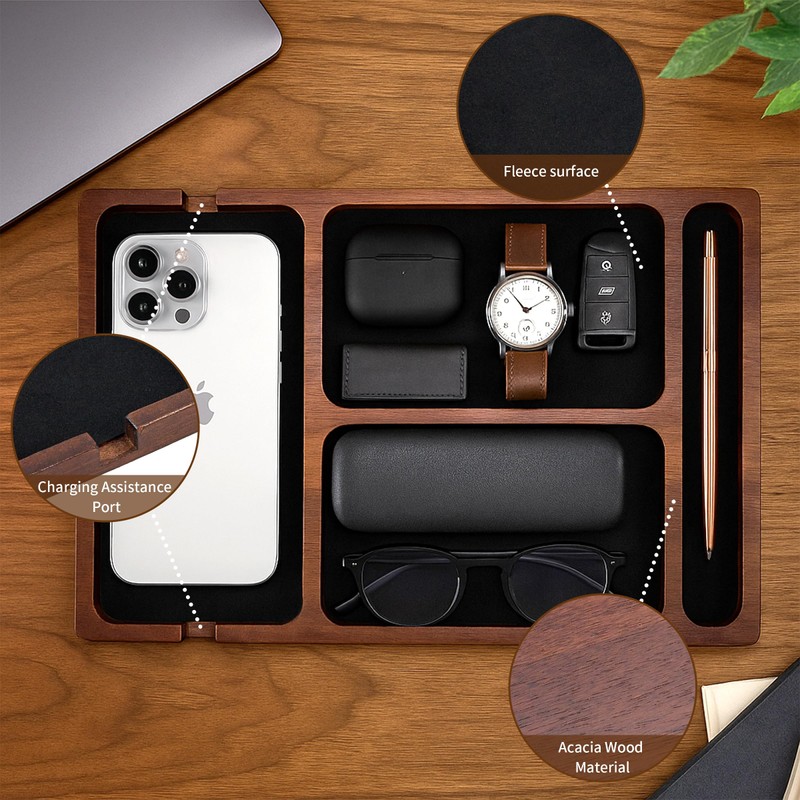 Valet Tray, Multi-Space Acacia Wood Leather Surface Desk Organizer Tray