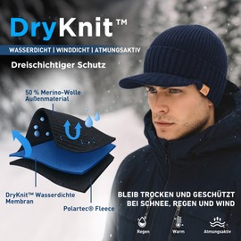 TOP-EX Dryknit Beanie Merino Hat Men Women - Waterproof Winter Hat with Peak, Fleece Lining, Windproof & Warm, Perfect for Outdoor, Work, Skiing, Commuting - Black XL/XXL