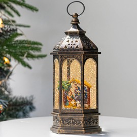 Christmas Snow Globe Lighted Manger Nativity Scene, Musical Water Lantern Play Silent Night Music in Swirling Glitter, for Home, Battery Operated or USB Powered