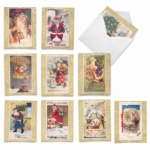 Holly Jolly Santa' Blank All Occasion Cards, Boxed Set of 10 Traditional Santa Claus Holiday Notes 4 x 5.12 inch, Assorted Vintage-Inspired Old Saint Nick Cards, Kris Kringle Cards - M10040XB