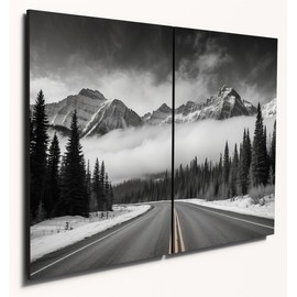 The Plum Penguin Canadian Rockies Mountain Road Fog Scene, A4 Dual Wooden MDF Wall Art, Monochrome Home Decor Canvas Alternative 40 x 30cm