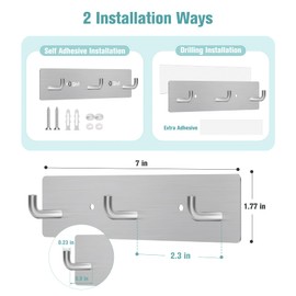 RELBRO Key Holder Wall Mount, Small Metal Self Adhesive Key Rack with 3 Hooks, 2 Installation Options, Silver