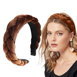 Braided Hair Band, Velvet Braided Headband, Women, Wide Vintage Padded Headband for Women and Girls, Jogging Headband Women (Coffee, One Size)