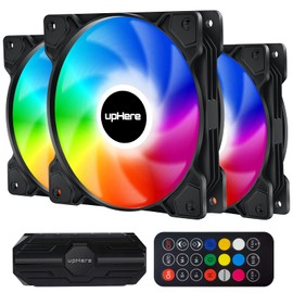 upHere 120mm ARGB Case Fan with Fan Hub and Remote,Motherboard Aura SYNC,Speed Control,Addressable Fan for PC Case,(3-Pack)