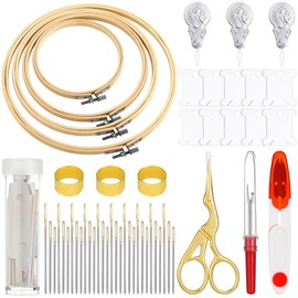 Mudder 53 Pieces Cross Stitch Tool Embroidery Starter Kit Includes Bamboo Circle Cross Stitch Hoop Ring Sewing Scissors Needle Threading Tools Thimbles Floss Bobbins Seam Ripper and Embroidery (Red)