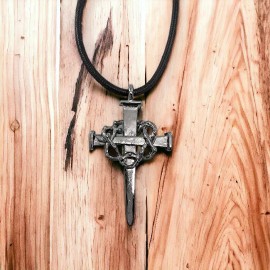 Forgiven Jewelry Nail Crown of Thorns Cross Dark Metal Finish (Lgaa4gm)  Black Cord Necklace