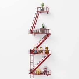 4 Tier Fire Escape Wall Shelf - Modern City Style Fire Escape Decorative Shelf, New York Inspired figurine display shelf &Planter Shelf, Easy to Install Metal Rustic Floating Shelves for Any Room,Red.