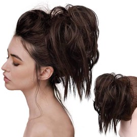 HMD Tousled Updo Messy Bun Hair Piece Hair Extension Ponytail With Elastic Rubber Band Updo Extensions Hairpiece Synthetic Hair Extensions Scrunchies Ponytail Hairpieces for Women (Darkest Brown)