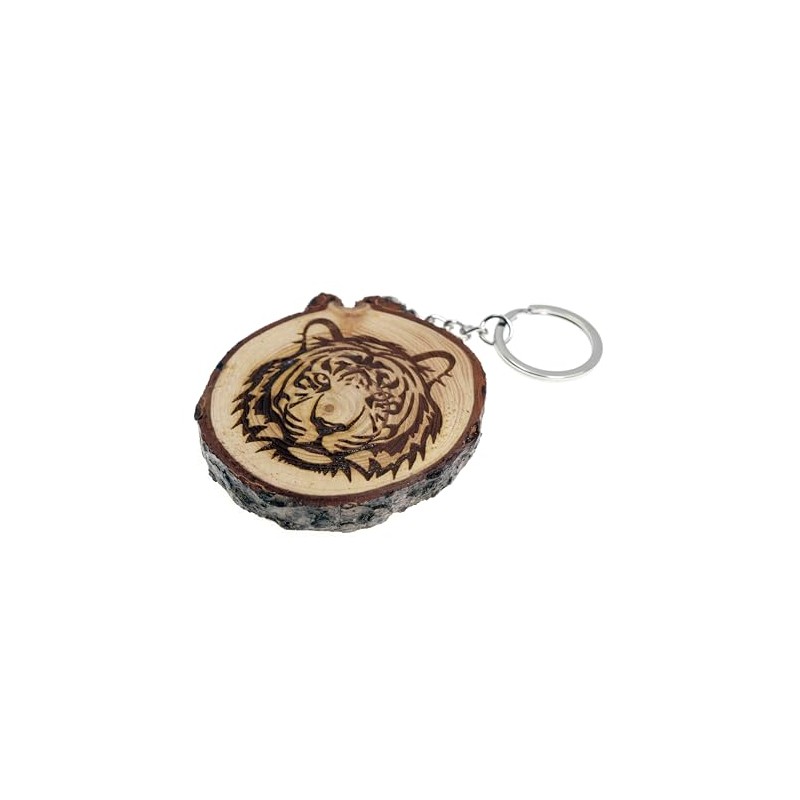 Generico Key Ring Made of Natural Wood with Tiger Design