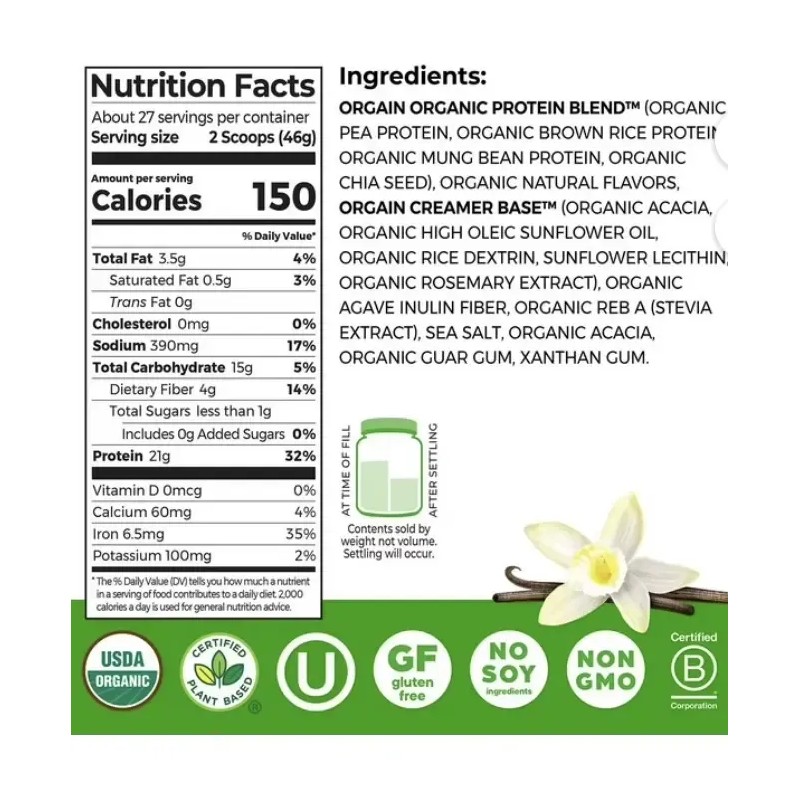 Orgain Organic 21g Plant-based Protein Powder, Vanilla Bean
