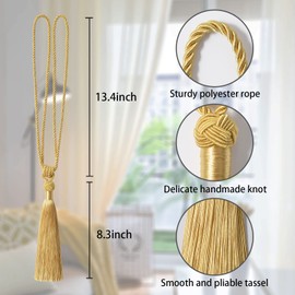 NICEEC 4 Pack Long Tassel Curtain Tiebacks Handmade Braided Rope Knot Drape Tie Backs European Style Decorative Curtain Holdbacks for Home & Office Window Drapery (Yellow)