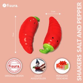 Fisura – Keramik-Salz- und Pfefferstreuer „Chili“ im fantasievollen Design. Zweiteiliges Set für die Tischdeko in Form von scharfen Schoten. Maße: 9 x 3 cm
