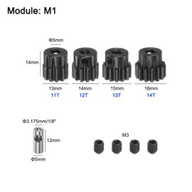 QUARKZMAN M1 Mod1 Pinion Gear Set 5 mm Shaft 11T 12T 13T 14T Motor Transmission Hardened Steel Sprocket Gear with 3.17 mm Clutch for RC Car (Pack of 4)