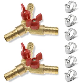 Pack of 2 3-Way Hose Connectors with Shut-off Valves 10 mm Brass Y Shaped Hose Connection Ball Valve 2 Switches with 6 Clamps Junction Valve Connector for Carpenter's Fittings Air Water Gas