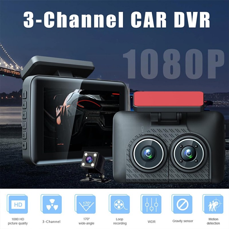 AIXXCUVQ Car 3Lens DVR 3-Channel Dash Cam Front and Rear