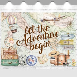 InMemory Adventure Awaits - Señal de camino para equipaje, mapa del mundo, texto "Let the Adventure Begin Baby Show", graduación, viajes, fiestas, cumpleaños, decoración de fotografía, fondo de 6 x 4