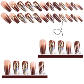 Coffee Color Gradient Press on Nails Medium Artificial Acrylic Nails Glitter Diamond Design Ballet Shaped False Nails Fall French False Nails Full Cover Reusable Coffin Nails Glue on Nails for Women