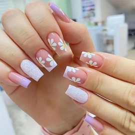 Square Press on Nails Medium French Fake Nails Flower Acrylic Nails Glitter False Nails with Designs Gradation Press Ons Glue on Nails Stick on Nails for Women Girls Nails Kit 24 Pcs
