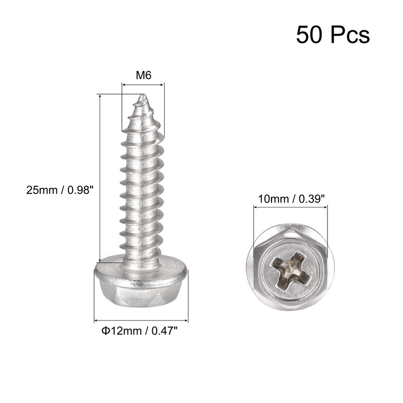 sourcing map Phillips Hex Washer Self Tapping Screws, M6 x