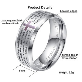 INRENG Men's Stainless Steel Bible Verse Christian Lord's Prayer Cross Ring Wedding Bands Silver Size 8