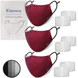 Euroca 4 Layer Face Masks Reusable Washable Made from Cotton Fabric with Nose Wire Adjustable Ear Loop for Mens Womens Teens -3 Packs with 6 Filters Included (Burgundy 3PK)