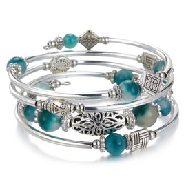 BULINLIN Beaded Silver Bangle Wrap Bracelet for Her, Layered Bohemian Bracelets with Natural Stone, Jewellery Gifts for Women Ladies (Jade Green)