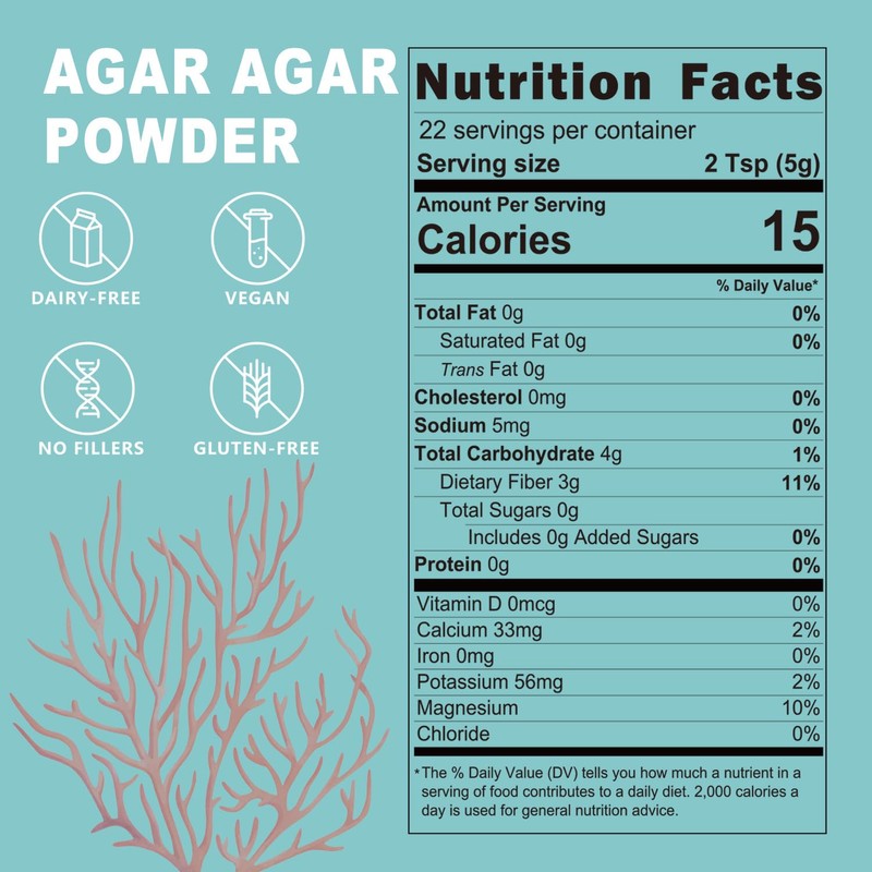 Agar Agar Powder, Vegan Unflavored Gelatin Substitute, Non-GMO, Gluten Free,