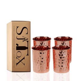 SAJTOX Pure Copper Tumblers for Drinking – Set of 4 Ayurvedic Copper Cups – 312 ml (11 fl oz) Each – Hammered Finish – Handmade Water Glasses for Daily Health Benefits