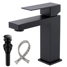 Matte Black Bathroom Faucet, Modern Single Handle Square Bathroom Sink Faucet with Pop Up Drain Assembly, Stainless Steel Vanity Bathroom Faucets, Single Hole Deck Mount,BF011B