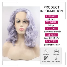 Angle Lucky Purple Bob Wavy Wig for Women Short Bob Lavender Purple Lace Front Wig Synthetic Light Color Side Part Wig Heat Resistant Fiber Pre Plucked Soft Wigs Cosplay Party Makeup