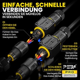 PEBA Cable Connector Waterproof 3-Pin 2-Way IP68 Waterproof Cable Connector 4-12 mm Cable Diameter, Outdoor Junction Box, 3-Conductor, Connection Clamp with Lever for Outdoor, Junction Box, Pack of 4