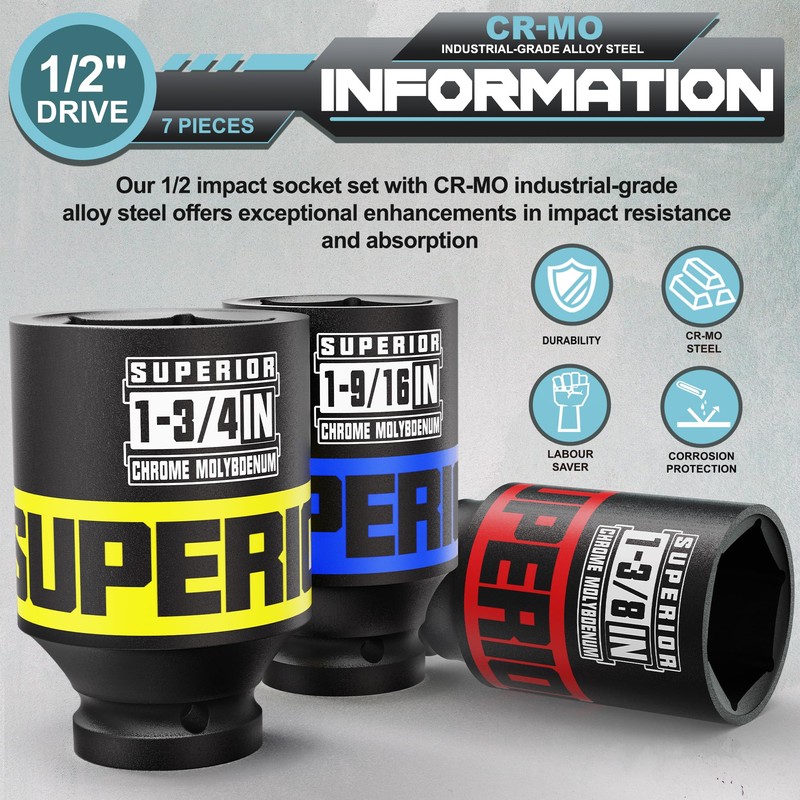 Aiourx 7 Piece 1/2" Drive Impact Socket Set, 1-3/8" -