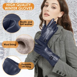 Womens Winter Leather Gloves Touchscreen Texting Warm Driving Lambskin Gloves (Navy, M)