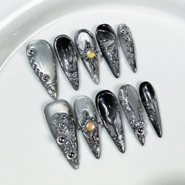 10Pcs Sliver Handmade Press on Nails Long Stiletto Fake Nails 3D False Nails Muti-Layer Gel Acrylic Nails Handmade Nails Press ons Glossy Full Cover Stick on Nails for Women Artificial Nails (S)