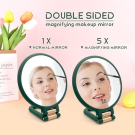 Novadex 1x 5x Travel Magnifying Mirror Hand Held Vanity Mirror, Compact 2-Side Folding Magnification Hand Mirror with Handle for Women 360°Rotating Handle Table Desk Small Make Up Mirrors (Army Green)