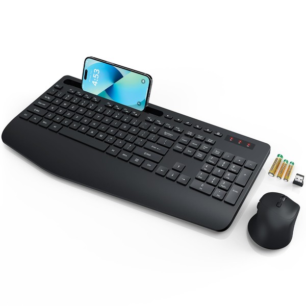 Wireless Keyboard and Mouse, Wrist Rest, Phone Holder, Batteries Included,