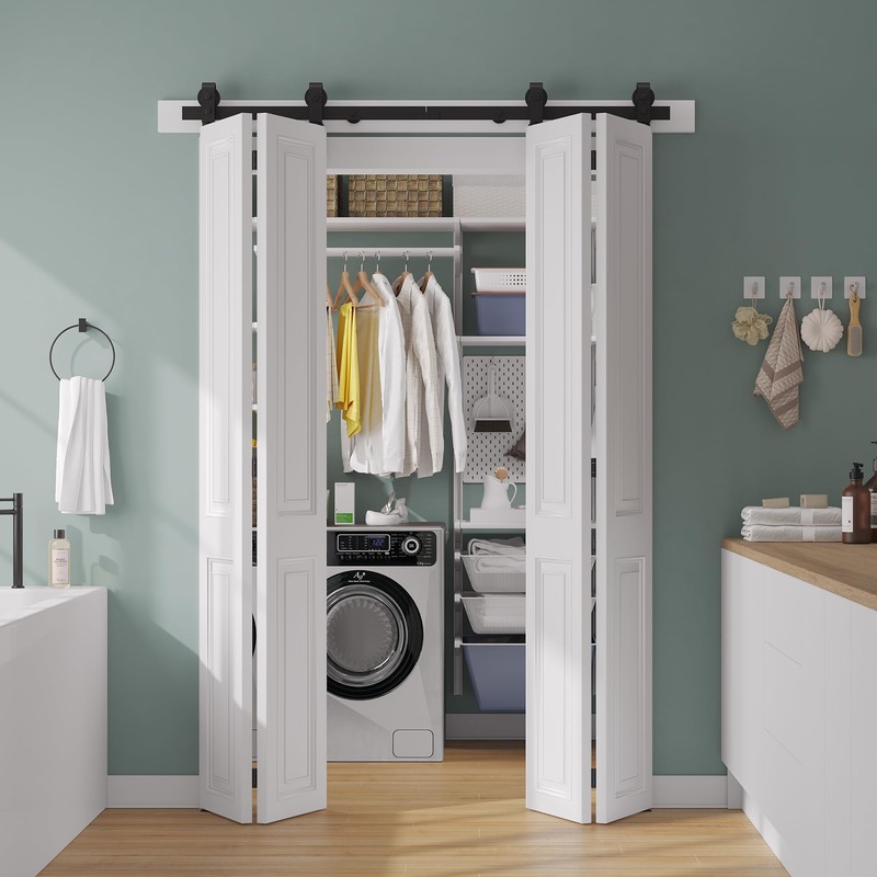 SMARTSTANDARD 64" Bifold Sliding Barn Door Hardware Kit, 5.3ft Top