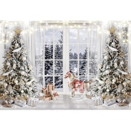 OFILA Christmas Window Backdrop 10x8ft White Christmas Backdrop for Photography Xmas Trees Glitter Lights Snowy Forest Background Merry Christmas Party Decor Banner Portrait Photoshoot Booth Props