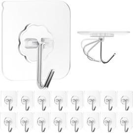 ZESLMG Adhesive Hooks Wall Hooks for Hanging, 16 Pack Heavy Duty Self Sticky Hooks 22lb(Max) Stainless, Waterproof Oilproof Utility Hooks for Coat Keys Bathroom Shower Kitchen Wardrobe Outdoor, Clear | ZESLMG