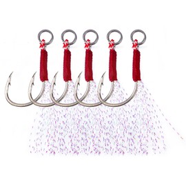 Goture Bucktail Assist Hooks Kit,Fishing Jigs Hooks - Size 1/0,2/0,3/0,4/0,Carbon Steel Barb Hook with Tassel,5PCS - Slow Fast Jigs Jigging Lure Hooks