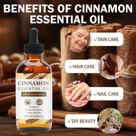 Cinnamon Essential Oil for Skin Care, Pure and Natural Essential Oils for Diffusers Aromatherapy, Huile Essentielle Pour Diffuseur, Premium Grade for Skin, Hair, Nails and DIY with Glass Dropper-4Fl Oz
