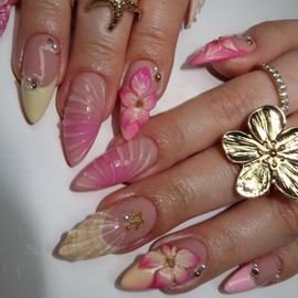 FNKFNK Summer Press on Nails Medium Almond Fake Nails with 3D Flower Metal Starfish Charms Glossy Pink Yellow French Tip Glue on Nails Reusable Cute Floral False Nails for Women 24Pcs