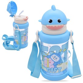 ZPSOSPZ Shark Water Bottle 650ML Shark Sippy Cups With Straw Auto Push Button Straw Drinking Water PC Bottle for Unisex Kids Boys Girls Blue