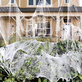 Telas de araña de 1000 pies cuadrados, decoraciones de Halloween con 77 arañas falsas, telarañas súper elásticas para Halloween, suministros de fiesta