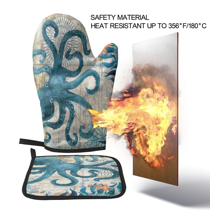 Abucaky Blue Octopus Nautical Map Oven Mitts and Pot Holders