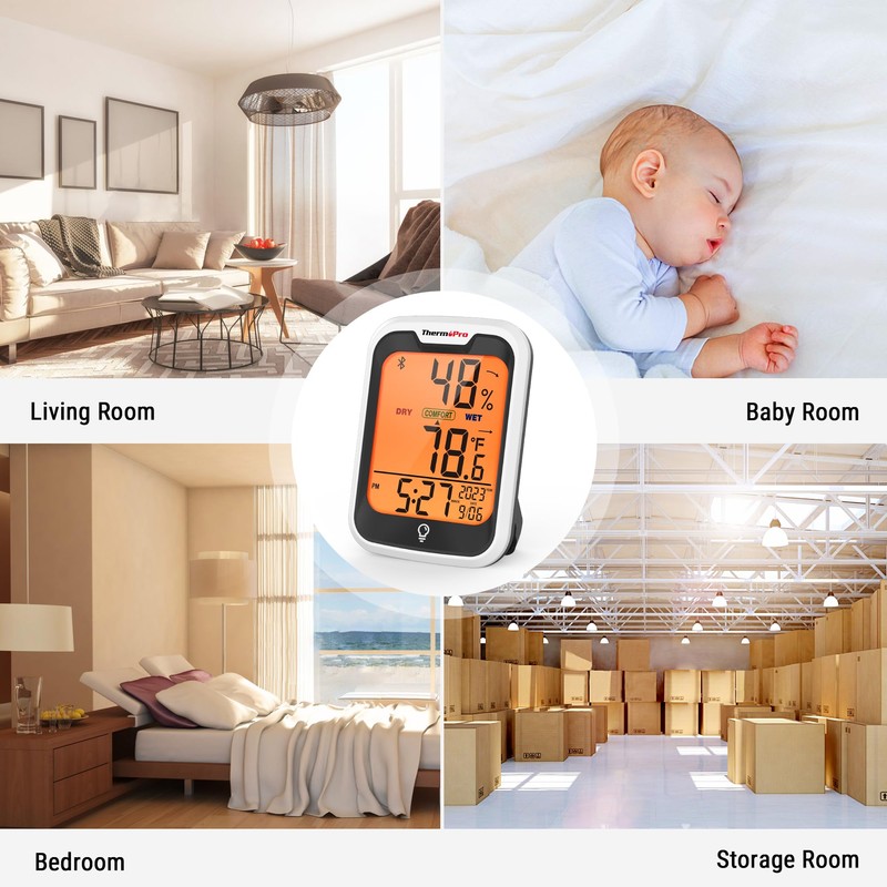 ThermoPro TP358 Bluetooth Thermometer for Room Temperature with Built-in Clock,