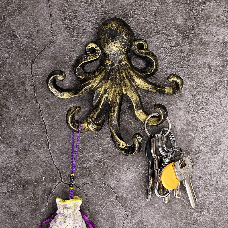 BSTKEY Cast Iron Octopus 5 Tentacles Decorative Wall Hook -